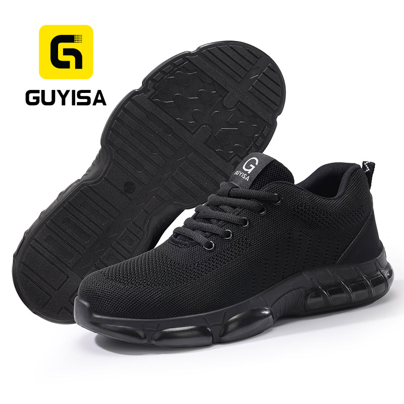 GUYISA 3033S Black Low Top All-Season Sport Safety Shoes, EU Steel Toe & Steel Anti-Puncture Plate, Solid Dual Density PU Outsole, Microfiber Fly Woven Mesh Work Sneakers Hot Seller