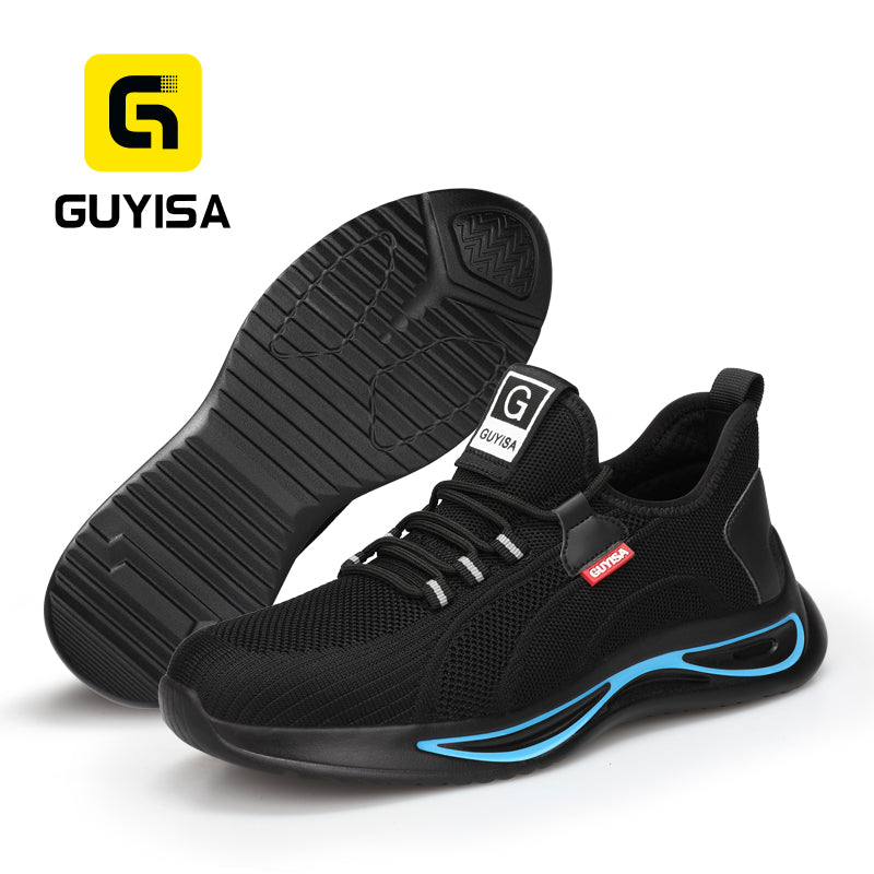 GUYISA 2138S Black Low Top All-Season Sport Safety Shoes, EU Steel Toe & Steel Anti-Puncture Plate, Dual Density PU Sole, Microfiber Fly Knit Sandwich Mesh Work Sneakers Hot Seller