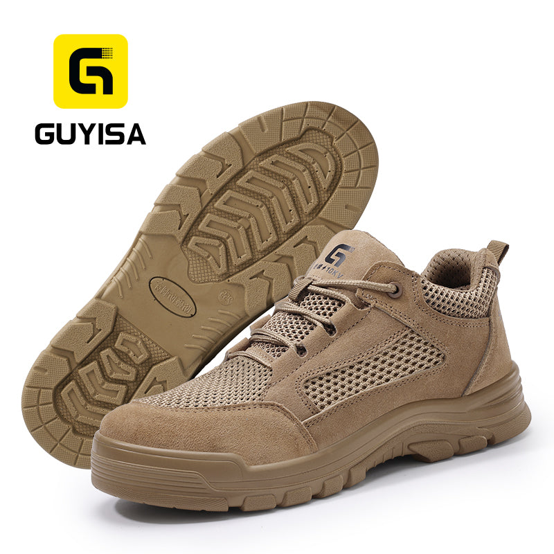 GUYISA 5115LKVT-1 Low Top Summer Safety Shoes | 10KV Insulated Composite Toe Anti-Smash Anti-Puncture, Brown Suede Fly Knit Dual Density Solid PU Sole