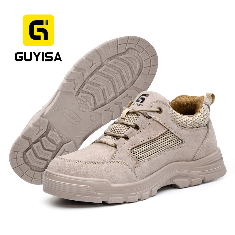 GUYISA New Summer Low-top Work Safety Shoes, 10KV Insulated, No Toe Cap & Midsole, Solid Dual-Density PU Outsole, Suede & Fly Woven Fabric, Beige with High-Elastic Foam