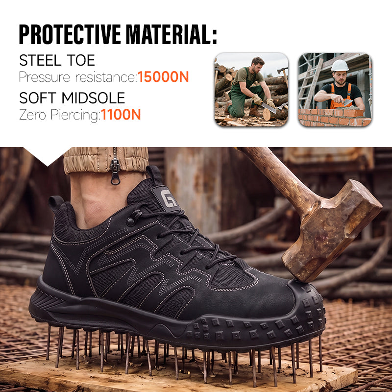 GUYISA 5082S-1 Black Low Top All-Season Hiking Safety Shoes, EU Steel Toe Anti-Smash Anti-Puncture, Solid Dual Density PU Outsole, Microfiber Steel Wire Cloth Fly Woven Mesh Work Footwear