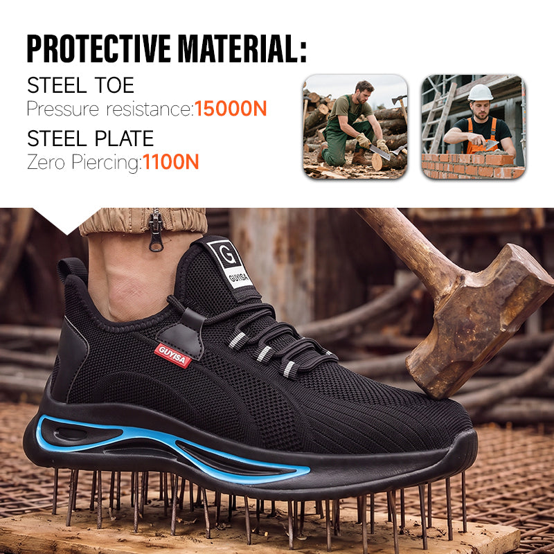 GUYISA 2138S Black Low Top All-Season Sport Safety Shoes, EU Steel Toe & Steel Anti-Puncture Plate, Dual Density PU Sole, Microfiber Fly Knit Sandwich Mesh Work Sneakers Hot Seller