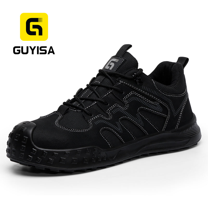 GUYISA 5082S-1 Black Low Top All-Season Hiking Safety Shoes, EU Steel Toe Anti-Smash Anti-Puncture, Solid Dual Density PU Outsole, Microfiber Steel Wire Cloth Fly Woven Mesh Work Footwear