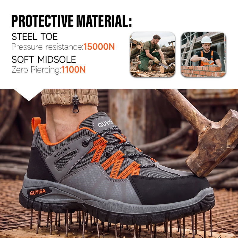 GUYISA 1105S New Gray Hiking Safety Work Shoes, European Standard Steel Toe, 4.0mm Kevlar Anti-Puncture Midsole, Solid Dual Density PU Outsole, Microfiber & Steel Wire Cloth & Fly Woven Mesh, Hapoli Insole Anti-Smash Labor Safety Boots