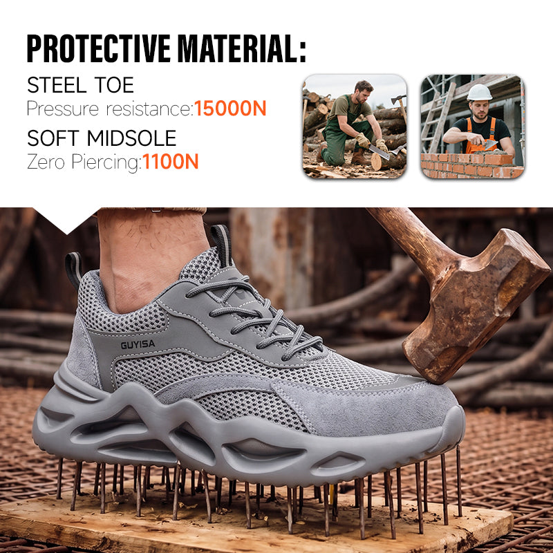 GUYISA 3157T Low Cut Summer Dad Style Safety Shoes, EU Steel Toe Anti Smash Anti Puncture, Microfiber Suede Fly Mesh, EVA Sole Grey Work Footwear