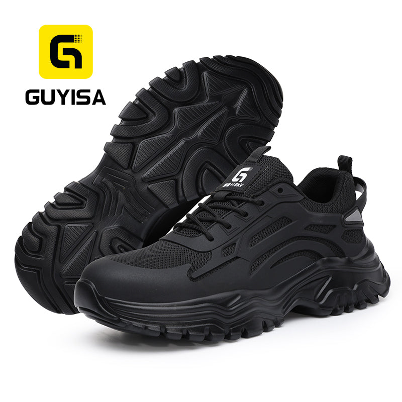 GUYISA 6085KV Low Top Safety Sneakers, 10KV Insulated Fiberglass Composite Toe Work Shoes, Rubber Plastic Outsole, Breathable Fly Knit Mesh Black Dad Style All Season Safety Shoes