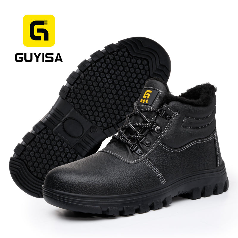 GUYISA 1077M Classic Safety Work Shoes, Black Split Leather, EU Steel Toe & Steel Midsole, Anti-Smash Anti-Puncture Anti-Static, SRA Slip Resistant Rubber Outsole, Warm Wool Composite Hi-Poly Insole