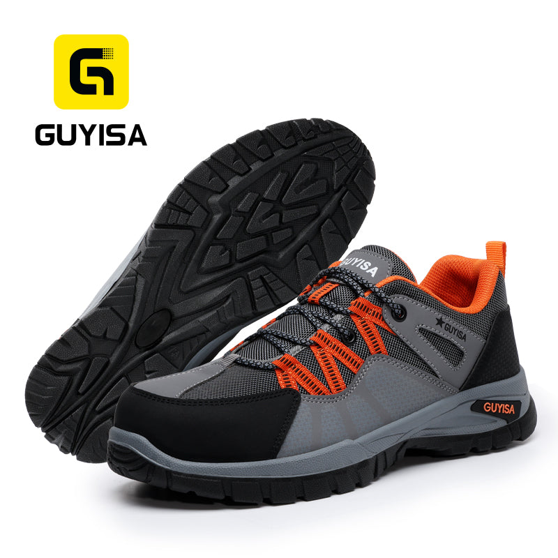 GUYISA 1105S New Gray Hiking Safety Work Shoes, European Standard Steel Toe, 4.0mm Kevlar Anti-Puncture Midsole, Solid Dual Density PU Outsole, Microfiber & Steel Wire Cloth & Fly Woven Mesh, Hapoli Insole Anti-Smash Labor Safety Boots