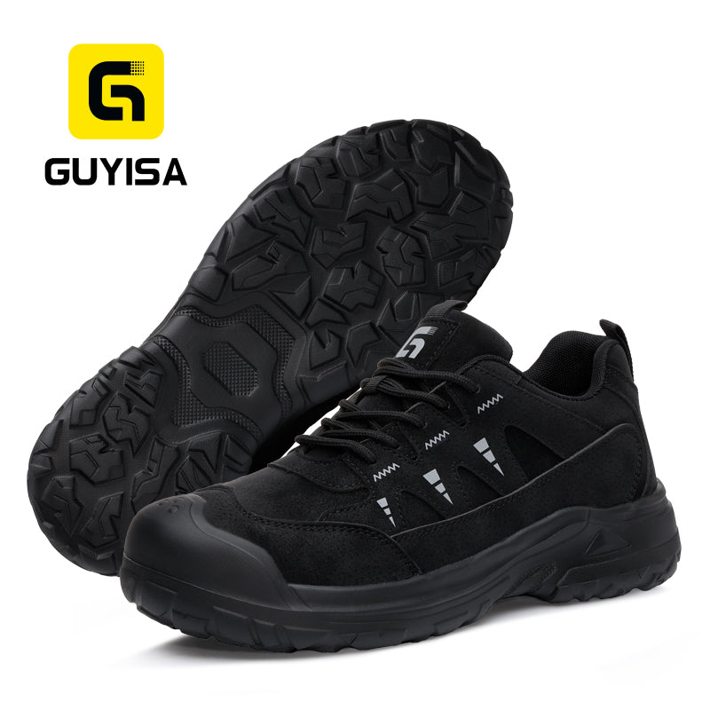 GUYISA 6080BK Hiking Safety Shoes EU Steel Toe Anti-Smashing Rubber Sole Microfiber Work Footwear