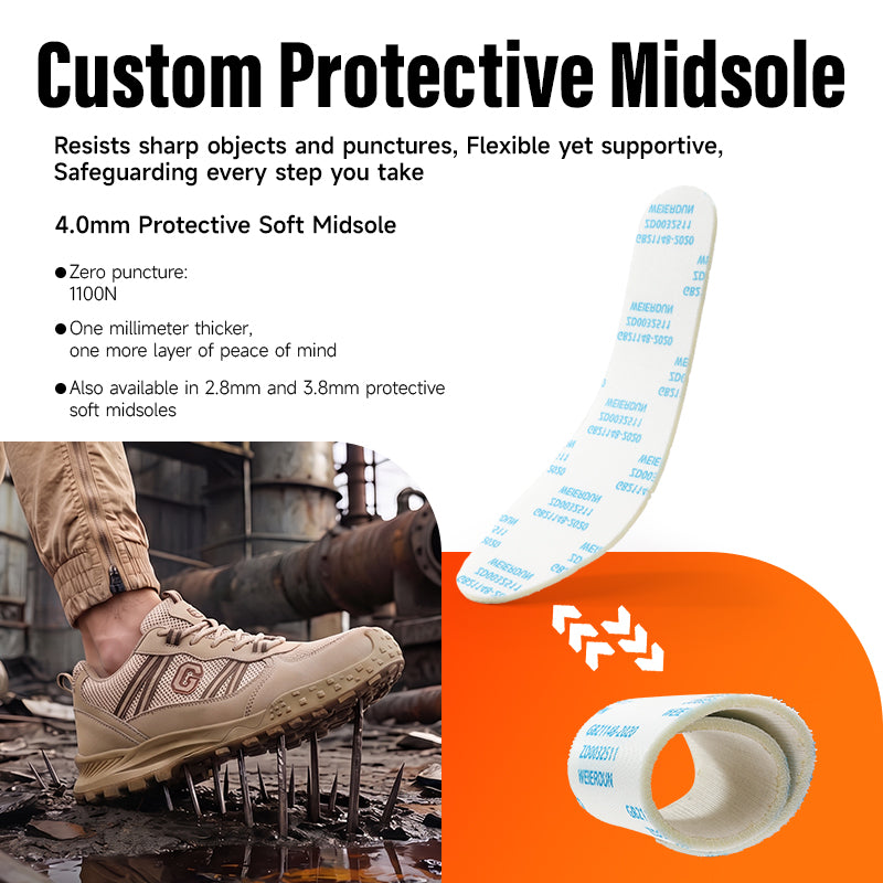 GUYISA 6087 Khaki All-Season Work Safety Shoes, EU Standard Steel Toe Anti-Smashing, Solid Dual-Density PU Outsole, Breathable Sandwich Mesh & Microfiber Upper with Hi-Poly Insole