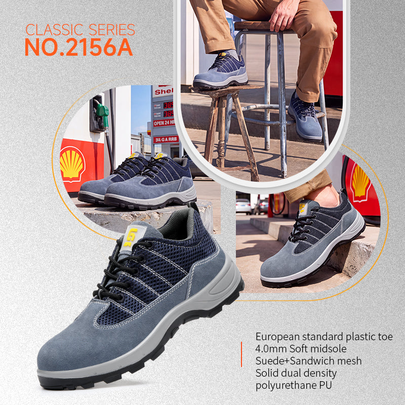 GUYISA 2156A Low Cut Safety Shoes, Anti Smash Anti Puncture Anti Static Work Shoes, EU Standard Plastic Toe Cap, Double Density Solid PU Sole, Suede & Fly Mesh Breathable Four Seasons Industrial Safety Footwear Blue