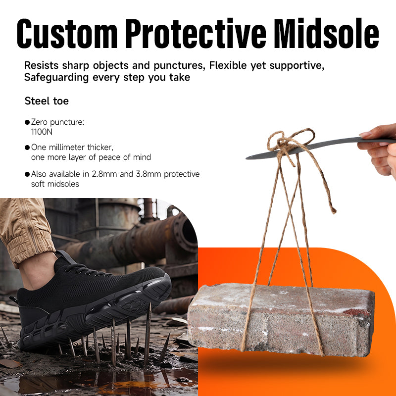 GUYISA  3033ST Summer Sport Safety Work Shoes, EU‑Standard Steel Toe Cap and Steel Penetration‑Resistant Plate, Solid Dual‑Density PU Sole, Fly‑Knit Mesh & Microfiber Upper, Black Breathable Hyperlite Safety Shoes