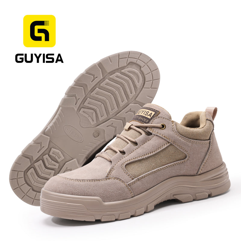 GUYISA 5115BN Low Cut Safety Work Shoes, Anti Smash Anti Puncture Industrial Footwear, EU Steel Toe & Steel Plate, Double Density Solid PU Sole, Suede Canvas Fly Mesh Breathable Four Seasons Shoes Khaki
