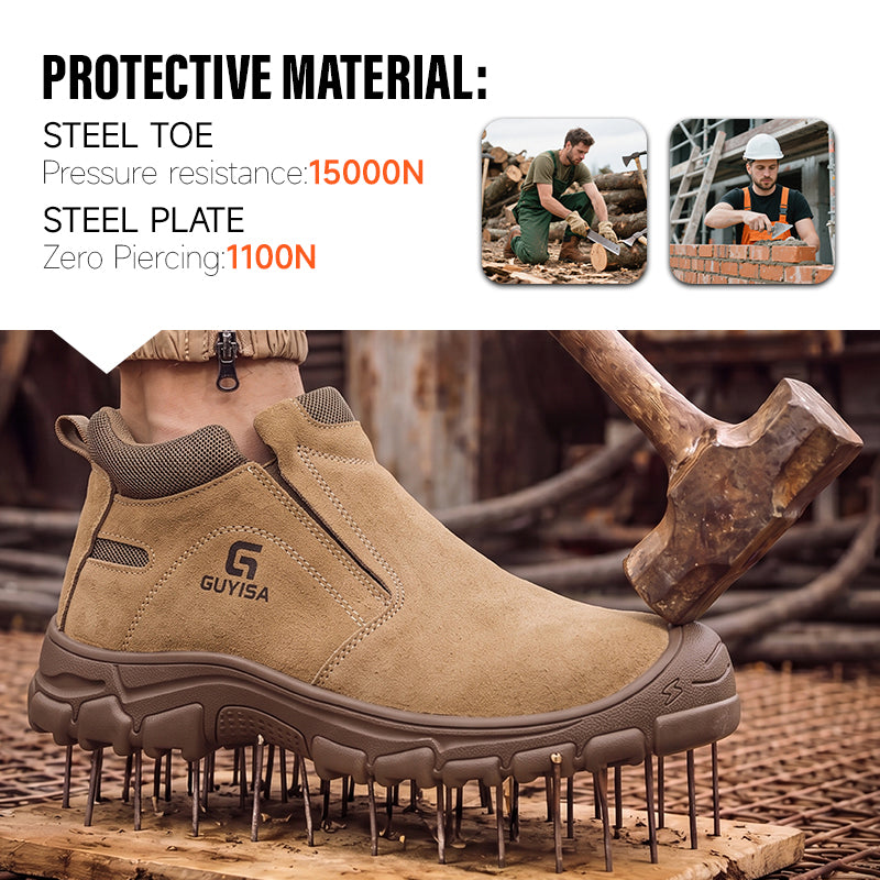 GUYISA 3025G High Top Welding Safety Shoes, Anti Smash Anti Puncture Work Shoes, EU Steel Toe & Steel Plate Sole, Rubber Outsole, Suede Leather Breathable Four Seasons Industrial Boots Brown