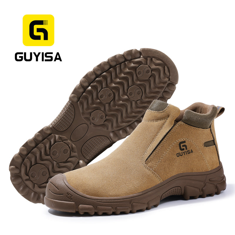 GUYISA 3025G High Top Welding Safety Shoes, Anti Smash Anti Puncture Work Shoes, EU Steel Toe & Steel Plate Sole, Rubber Outsole, Suede Leather Breathable Four Seasons Industrial Boots Brown