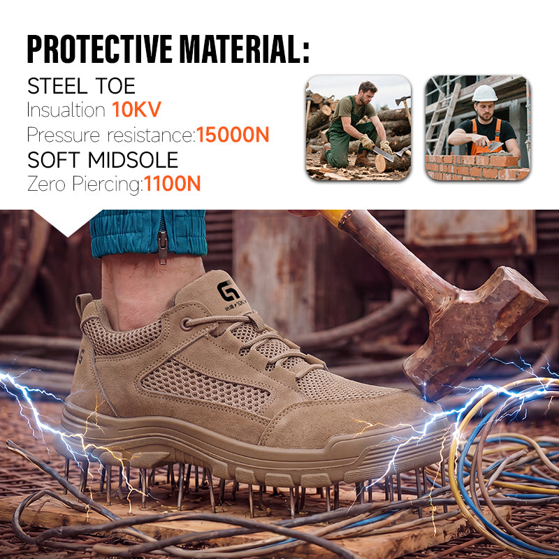 GUYISA 5115LKVT-1 Low Top Summer Safety Shoes | 10KV Insulated Composite Toe Anti-Smash Anti-Puncture, Brown Suede Fly Knit Dual Density Solid PU Sole
