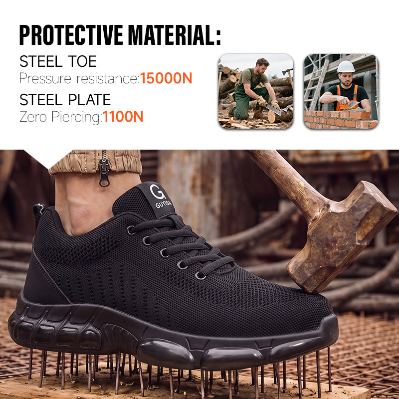 GUYISA 3033S Black Low Top All-Season Sport Safety Shoes, EU Steel Toe & Steel Anti-Puncture Plate, Solid Dual Density PU Outsole, Microfiber Fly Woven Mesh Work Sneakers Hot Seller
