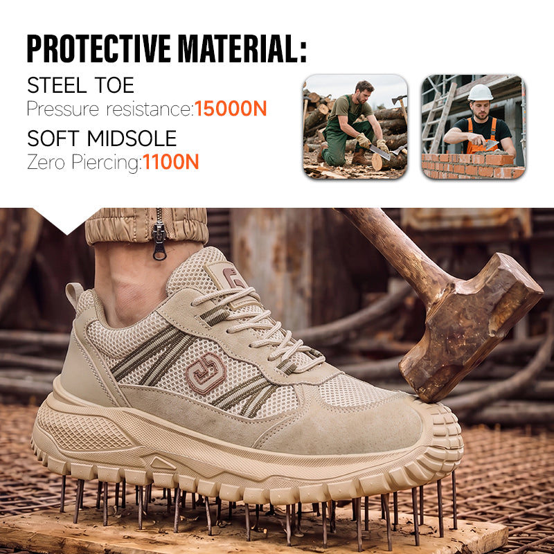 GUYISA 6087 Khaki All-Season Work Safety Shoes, EU Standard Steel Toe Anti-Smashing, Solid Dual-Density PU Outsole, Breathable Sandwich Mesh & Microfiber Upper with Hi-Poly Insole