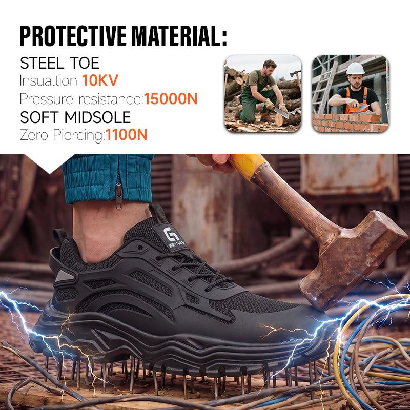 GUYISA 6085KV Low Top Safety Sneakers, 10KV Insulated Fiberglass Composite Toe Work Shoes, Rubber Plastic Outsole, Breathable Fly Knit Mesh Black Dad Style All Season Safety Shoes