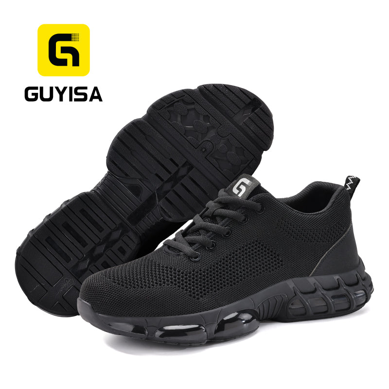 GUYISA 3033ST Low Cut Sport Safety Shoes, Anti-Smash Anti-Puncture Work Footwear, EU Steel Toe & Steel Plate, Double Density Solid PU Sole, Fly Mesh Microfiber Breathable Black Safety Trainers