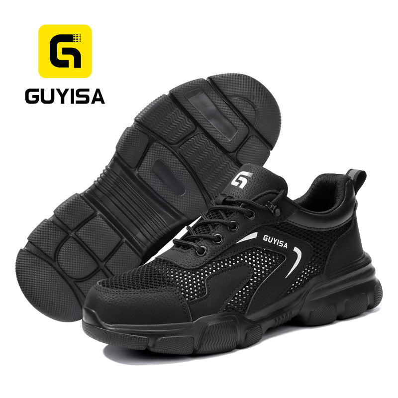 GUYISA 3013BK Low Cut Summer Safety Shoes, Anti Smash Anti Puncture Work Shoes, EU Standard Steel Toe Cap, Rubber Plastic Outsole, Microfiber & Fly Mesh Breathable Industrial Safety Footwear Black