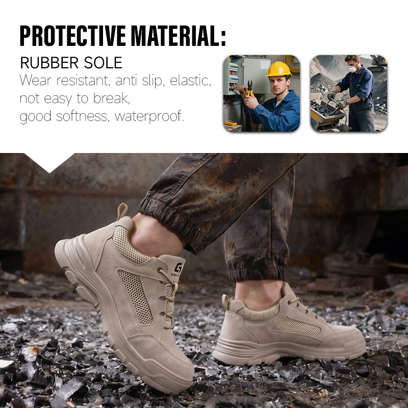 GUYISA New Summer Low-top Work Safety Shoes, 10KV Insulated, No Toe Cap & Midsole, Solid Dual-Density PU Outsole, Suede & Fly Woven Fabric, Beige with High-Elastic Foam