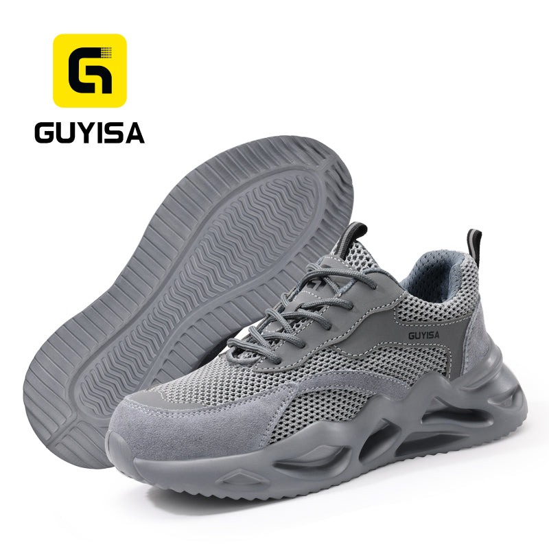 GUYISA 3157T Low Cut Summer Dad Style Safety Shoes, EU Steel Toe Anti Smash Anti Puncture, Microfiber Suede Fly Mesh, EVA Sole Grey Work Footwear