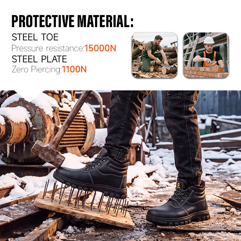 GUYISA 1077M Classic Safety Work Shoes, Black Split Leather, EU Steel Toe & Steel Midsole, Anti-Smash Anti-Puncture Anti-Static, SRA Slip Resistant Rubber Outsole, Warm Wool Composite Hi-Poly Insole