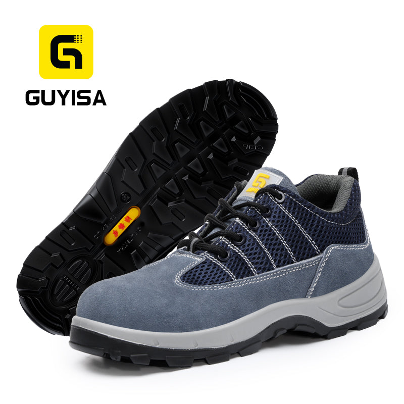GUYISA 2156A Low Cut Safety Shoes, Anti Smash Anti Puncture Anti Static Work Shoes, EU Standard Plastic Toe Cap, Double Density Solid PU Sole, Suede & Fly Mesh Breathable Four Seasons Industrial Safety Footwear Blue
