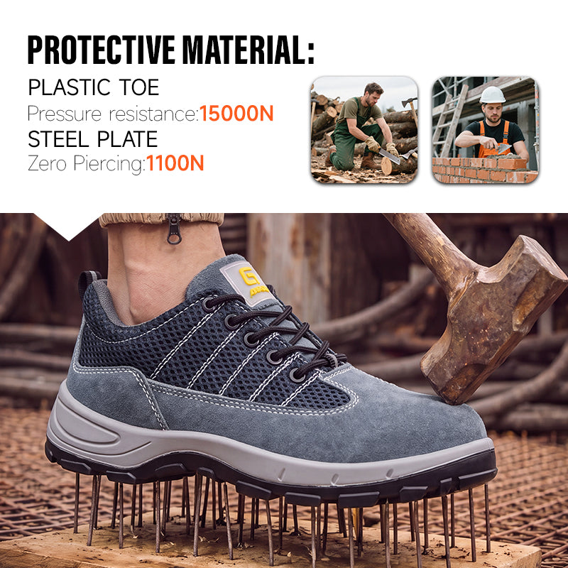 GUYISA 2156A Low Cut Safety Shoes, Anti Smash Anti Puncture Anti Static Work Shoes, EU Standard Plastic Toe Cap, Double Density Solid PU Sole, Suede & Fly Mesh Breathable Four Seasons Industrial Safety Footwear Blue