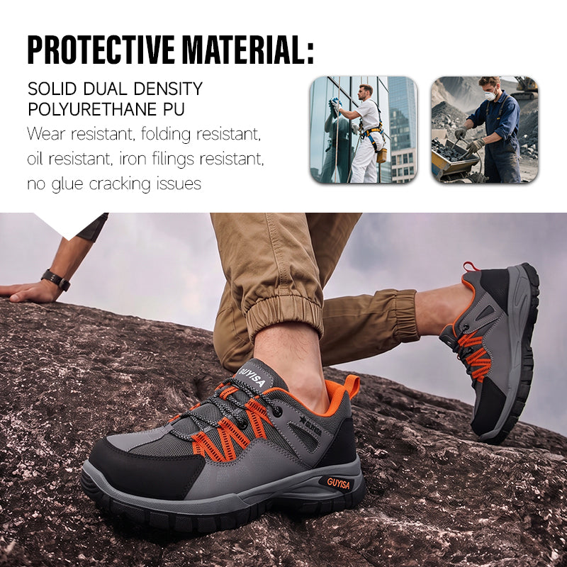 GUYISA 1105S New Gray Hiking Safety Work Shoes, European Standard Steel Toe, 4.0mm Kevlar Anti-Puncture Midsole, Solid Dual Density PU Outsole, Microfiber & Steel Wire Cloth & Fly Woven Mesh, Hapoli Insole Anti-Smash Labor Safety Boots