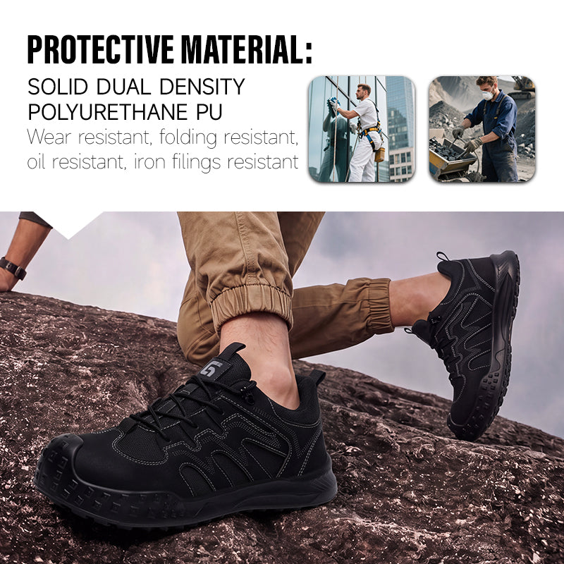 GUYISA 5082S-1 Black Low Top All-Season Hiking Safety Shoes, EU Steel Toe Anti-Smash Anti-Puncture, Solid Dual Density PU Outsole, Microfiber Steel Wire Cloth Fly Woven Mesh Work Footwear