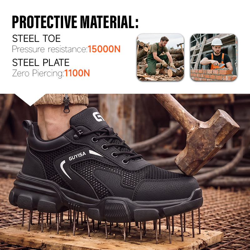 GUYISA 3013BK Low Cut Summer Safety Shoes, Anti Smash Anti Puncture Work Shoes, EU Standard Steel Toe Cap, Rubber Plastic Outsole, Microfiber & Fly Mesh Breathable Industrial Safety Footwear Black
