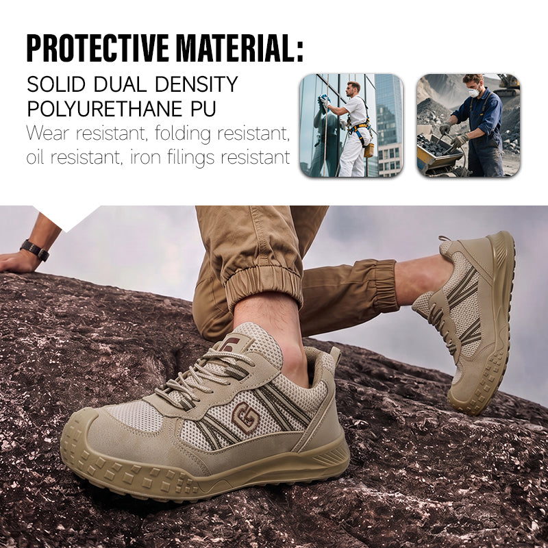 GUYISA 6087 Khaki All-Season Work Safety Shoes, EU Standard Steel Toe Anti-Smashing, Solid Dual-Density PU Outsole, Breathable Sandwich Mesh & Microfiber Upper with Hi-Poly Insole