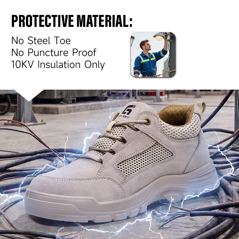 GUYISA New Summer Low-top Work Safety Shoes, 10KV Insulated, No Toe Cap & Midsole, Solid Dual-Density PU Outsole, Suede & Fly Woven Fabric, Beige with High-Elastic Foam