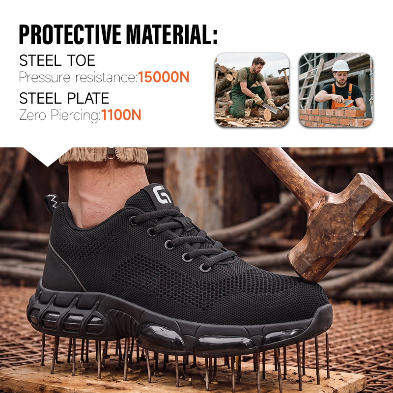 GUYISA 3033ST Low Cut Sport Safety Shoes, Anti-Smash Anti-Puncture Work Footwear, EU Steel Toe & Steel Plate, Double Density Solid PU Sole, Fly Mesh Microfiber Breathable Black Safety Trainers