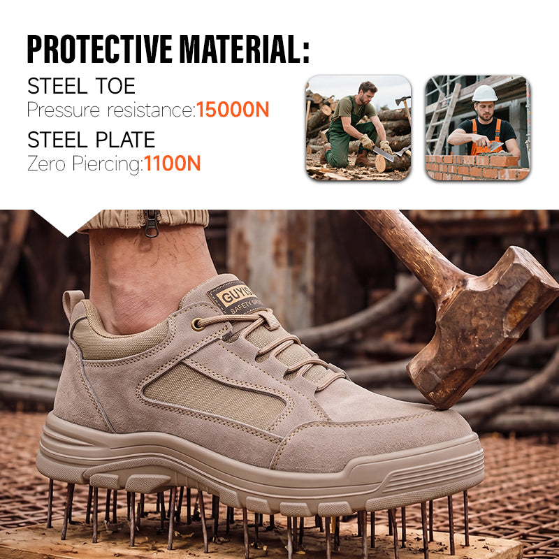 GUYISA 5115BN Low Cut Safety Work Shoes, Anti Smash Anti Puncture Industrial Footwear, EU Steel Toe & Steel Plate, Double Density Solid PU Sole, Suede Canvas Fly Mesh Breathable Four Seasons Shoes Khaki