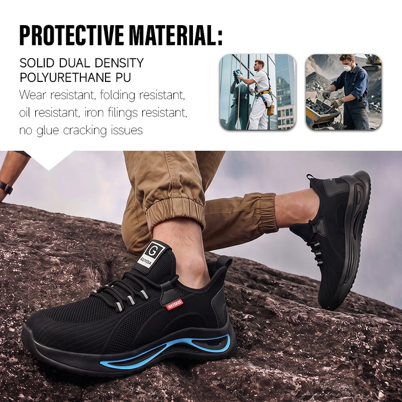 GUYISA 2138S Black Low Top All-Season Sport Safety Shoes, EU Steel Toe & Steel Anti-Puncture Plate, Dual Density PU Sole, Microfiber Fly Knit Sandwich Mesh Work Sneakers Hot Seller
