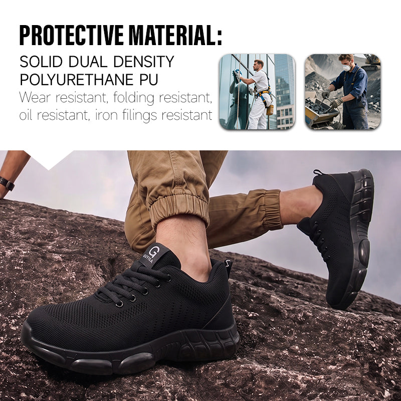 GUYISA 3033S Black Low Top All-Season Sport Safety Shoes, EU Steel Toe & Steel Anti-Puncture Plate, Solid Dual Density PU Outsole, Microfiber Fly Woven Mesh Work Sneakers Hot Seller