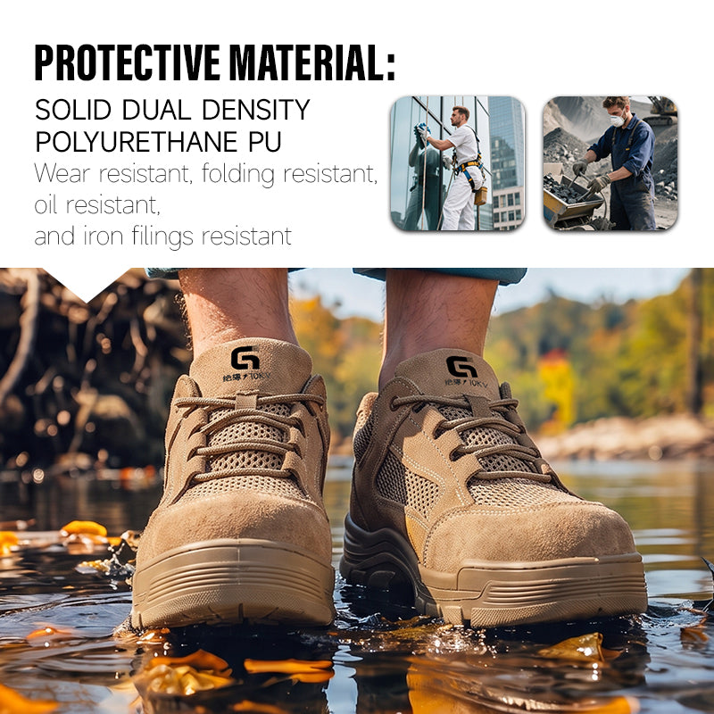GUYISA 5115LKVT-1 Low Top Summer Safety Shoes | 10KV Insulated Composite Toe Anti-Smash Anti-Puncture, Brown Suede Fly Knit Dual Density Solid PU Sole