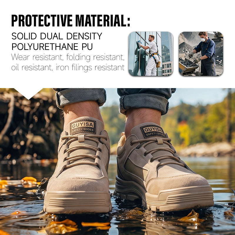 GUYISA 5115BN Low Cut Safety Work Shoes, Anti Smash Anti Puncture Industrial Footwear, EU Steel Toe & Steel Plate, Double Density Solid PU Sole, Suede Canvas Fly Mesh Breathable Four Seasons Shoes Khaki