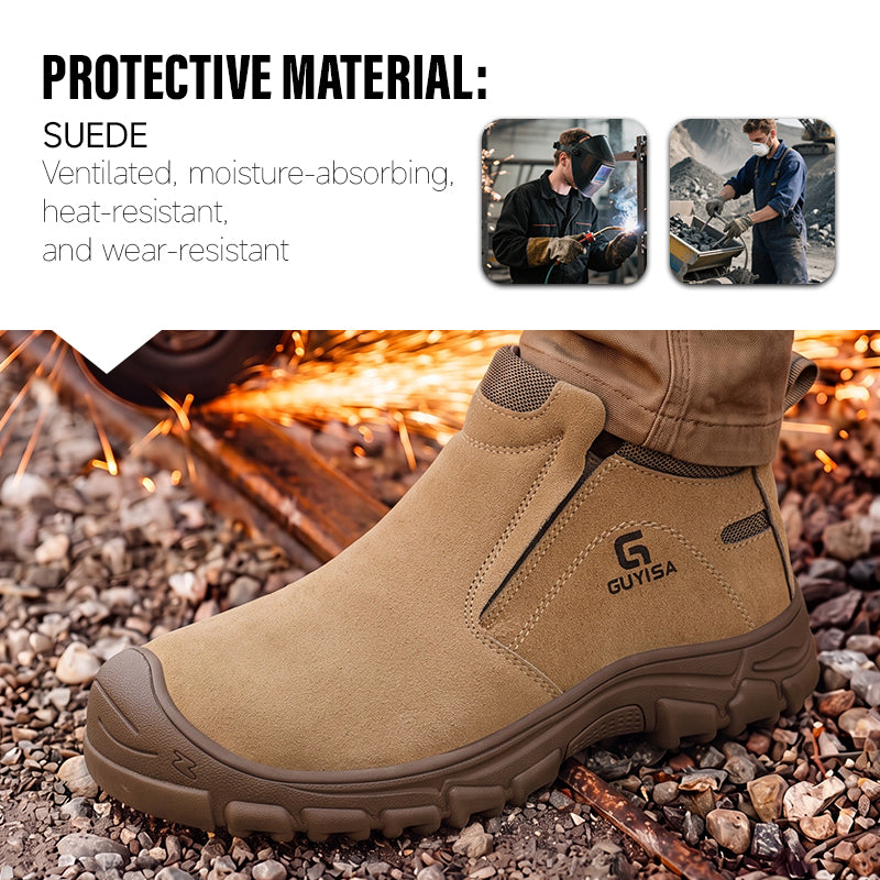 GUYISA 3025G High Top Welding Safety Shoes, Anti Smash Anti Puncture Work Shoes, EU Steel Toe & Steel Plate Sole, Rubber Outsole, Suede Leather Breathable Four Seasons Industrial Boots Brown