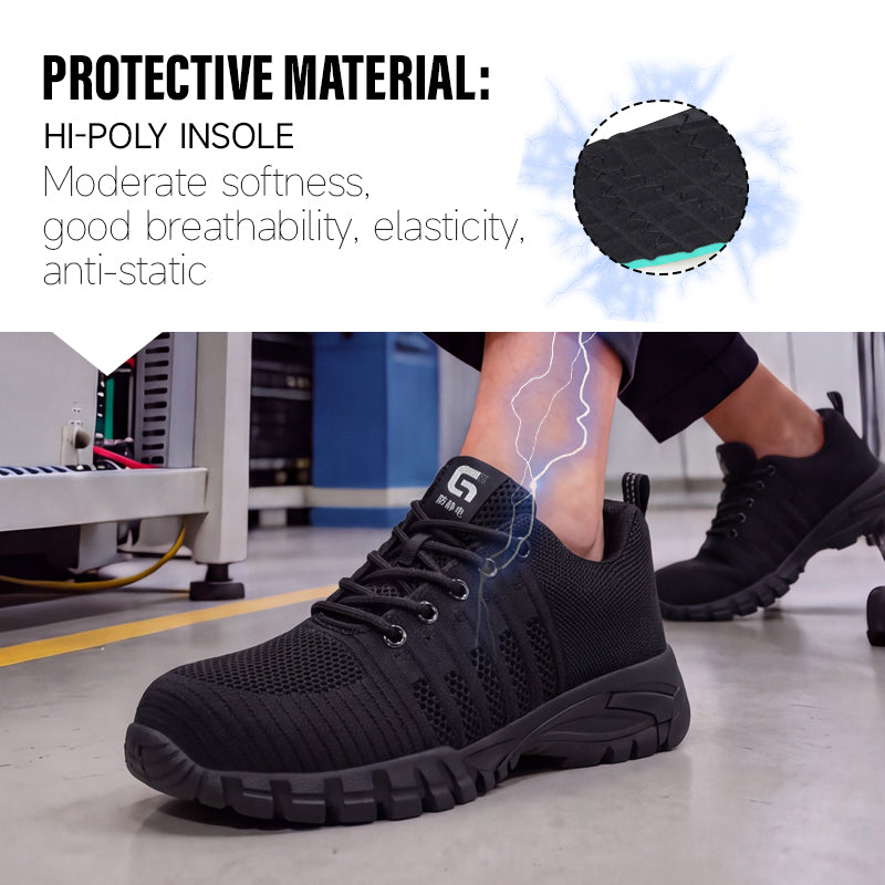 GUYISA 1125A Anti‑static Safety Work Shoes, Breathable Fly‑Knit Upper, Rubber Sole, Black Hyperlite & Sandwich Mesh Four‑Season Casual Sport Safety Shoes Without Toe Cap and Mid‑plate