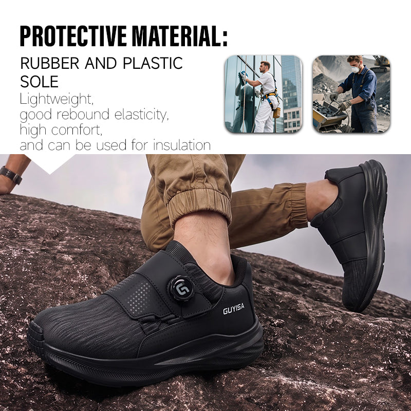 GUYISA 6096 Low‑Cut Safety Shoes, Four‑Season Sport‑Style Work Footwear, European Standard Steel Toe Cap, Anti‑Smash Anti‑Puncture, Rubber‑Plastic Outsole, Steel Wire & Fly‑Knit Mesh Upper, High‑Elastic Sponge Lining, Black New Safety Work Shoes