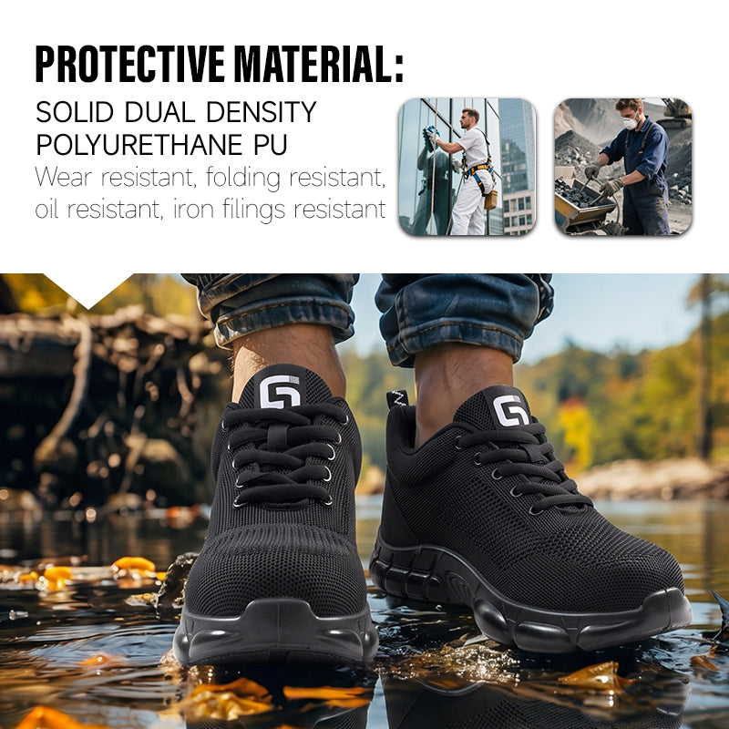 GUYISA  3033ST Summer Sport Safety Work Shoes, EU‑Standard Steel Toe Cap and Steel Penetration‑Resistant Plate, Solid Dual‑Density PU Sole, Fly‑Knit Mesh & Microfiber Upper, Black Breathable Hyperlite Safety Shoes