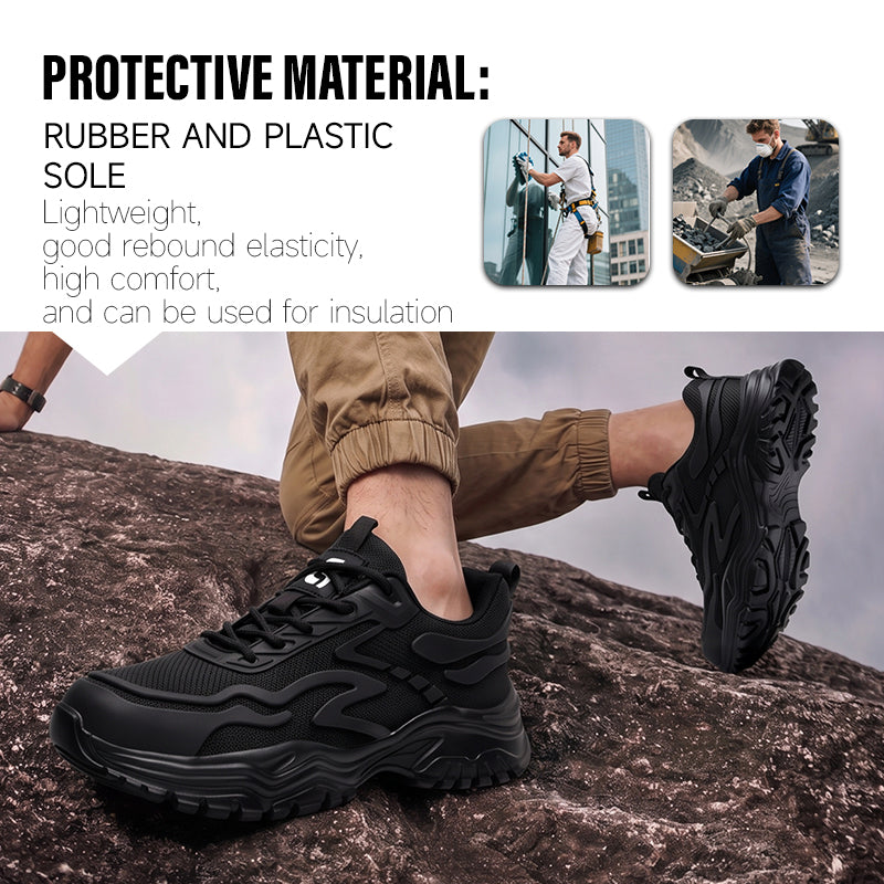 GUYISA 6099 Low‑cut New Dad‑style Safety Shoes for Men, Black Fly‑Woven Mesh Upper With KPU Patch, European‑Standard Steel Toe Anti‑Smash Anti‑Puncture Rubber‑Plastic Sole, High‑Elastic Sponge, Four‑Season Industrial Work Footwear