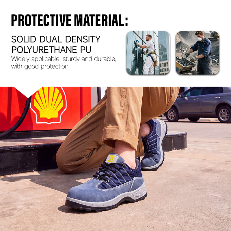 GUYISA 2156A Low Cut Safety Shoes, Anti Smash Anti Puncture Anti Static Work Shoes, EU Standard Plastic Toe Cap, Double Density Solid PU Sole, Suede & Fly Mesh Breathable Four Seasons Industrial Safety Footwear Blue