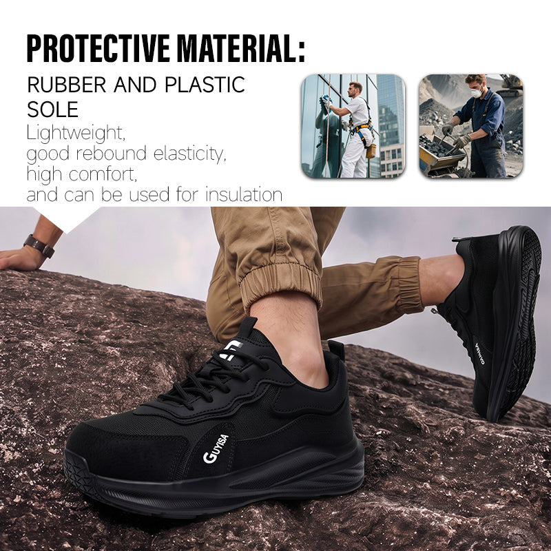 GUYISA 6097 Low‑cut New Sport‑Style Safety Shoes for Men, Black Fly‑Woven Mesh & Microfiber Upper With Steel Wire Fabric, EU‑Standard Steel Toe Anti‑Smash Anti‑Puncture Rubber‑Plastic Sole, High‑Elastic Sponge, Four‑Season Industrial Work Footwear