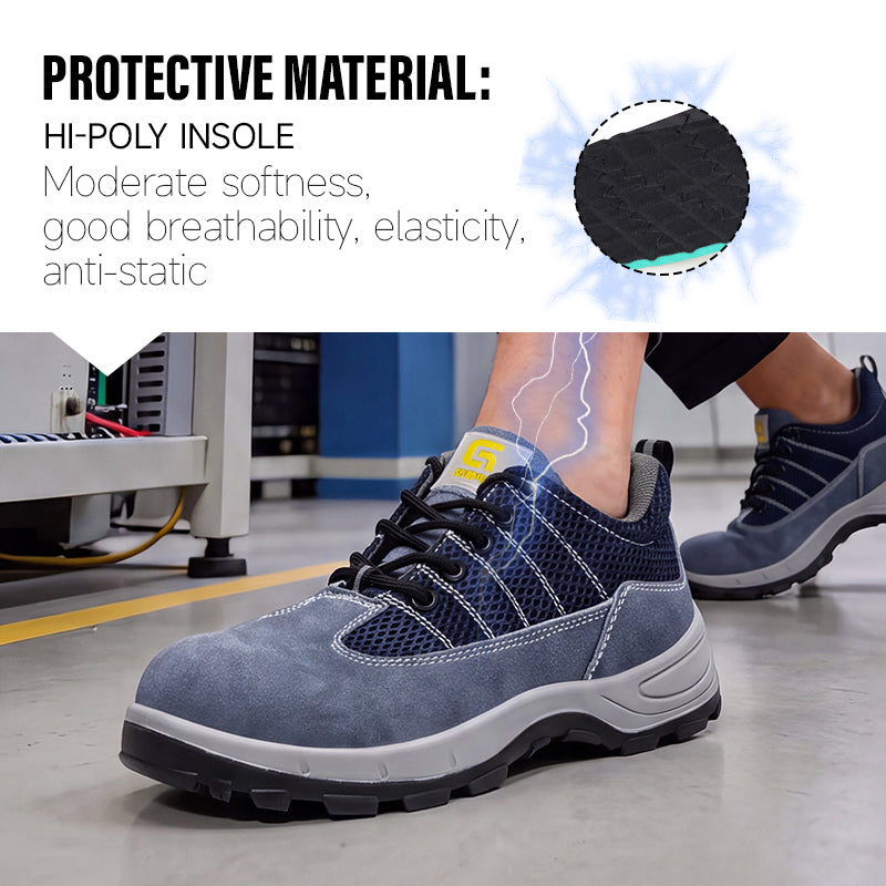 GUYISA 2156A Low Cut Safety Shoes, Anti Smash Anti Puncture Anti Static Work Shoes, EU Standard Plastic Toe Cap, Double Density Solid PU Sole, Suede & Fly Mesh Breathable Four Seasons Industrial Safety Footwear Blue