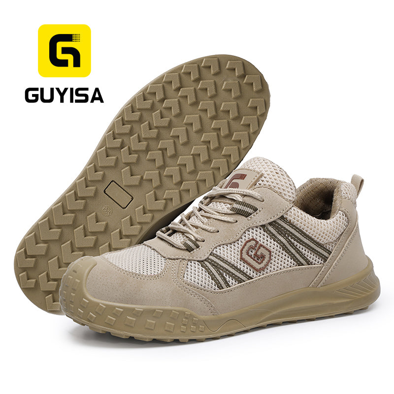 GUYISA 6087 Khaki All-Season Work Safety Shoes, EU Standard Steel Toe Anti-Smashing, Solid Dual-Density PU Outsole, Breathable Sandwich Mesh & Microfiber Upper with Hi-Poly Insole